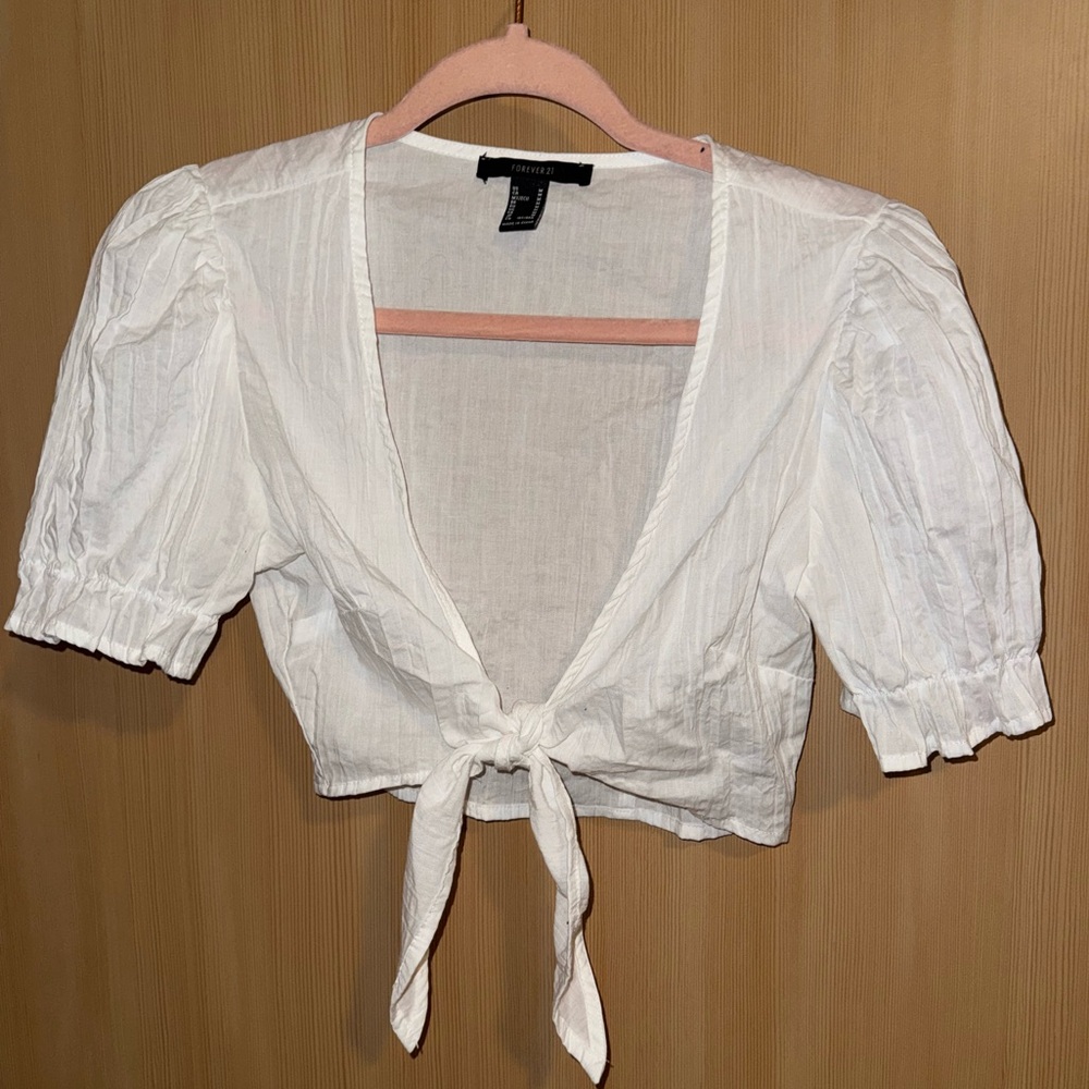 White Puff Sleeve Tie-Front Top
